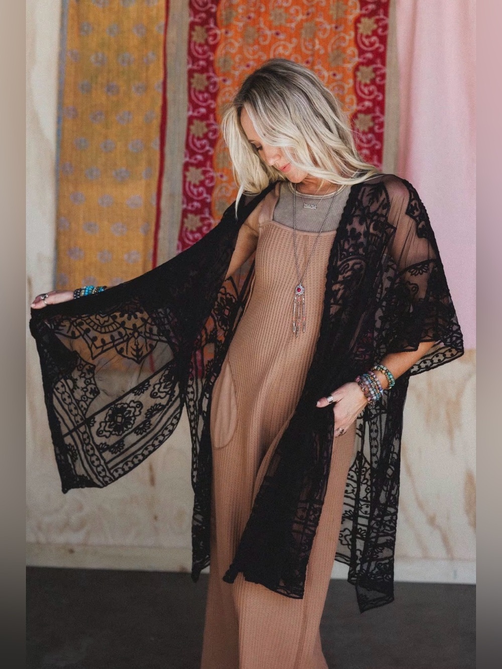 Boho Black Sheer Lace Kimono